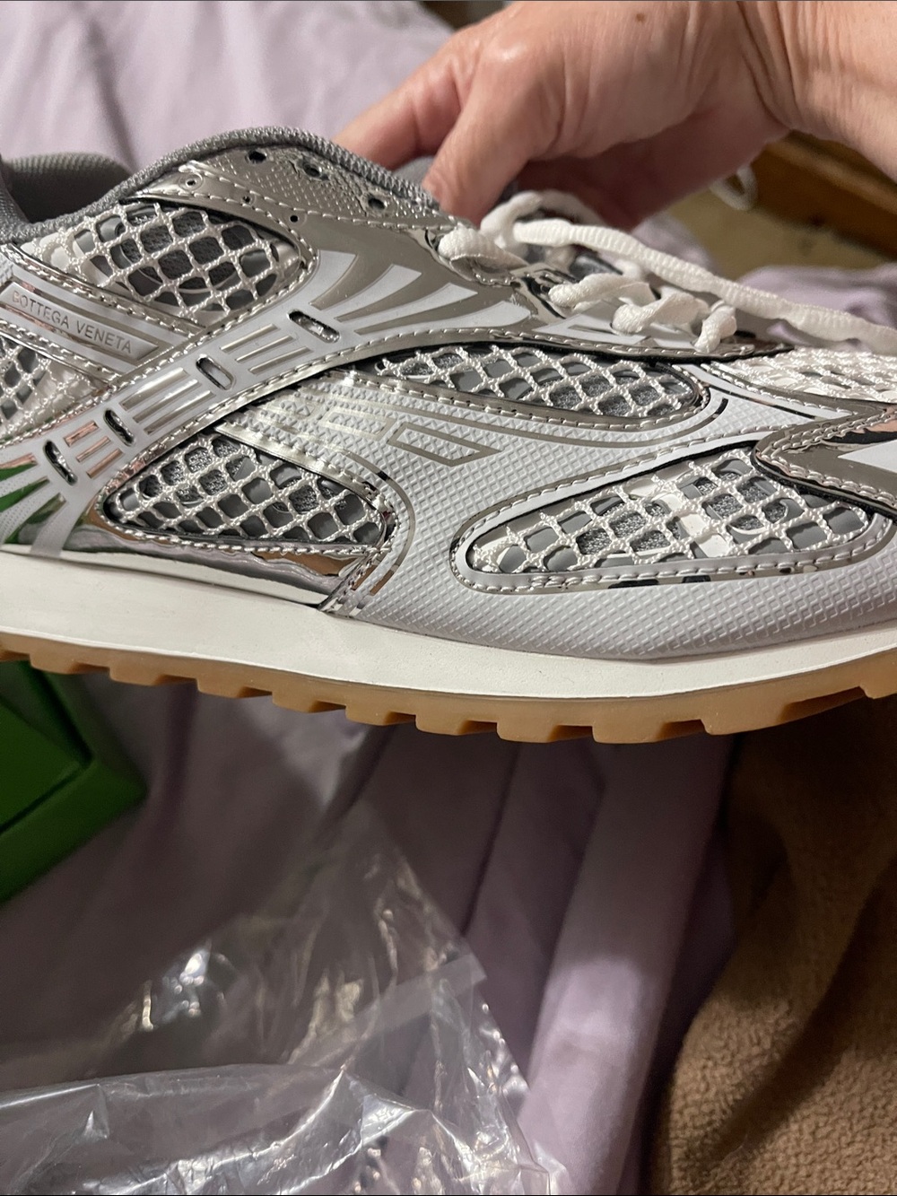 Knock off Bottega Veneta White & Silver Women's Athletic Sneakers - Picture 6 of 7